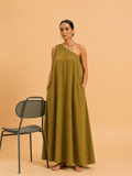 Earth tone olive green one shoulder maxi dress