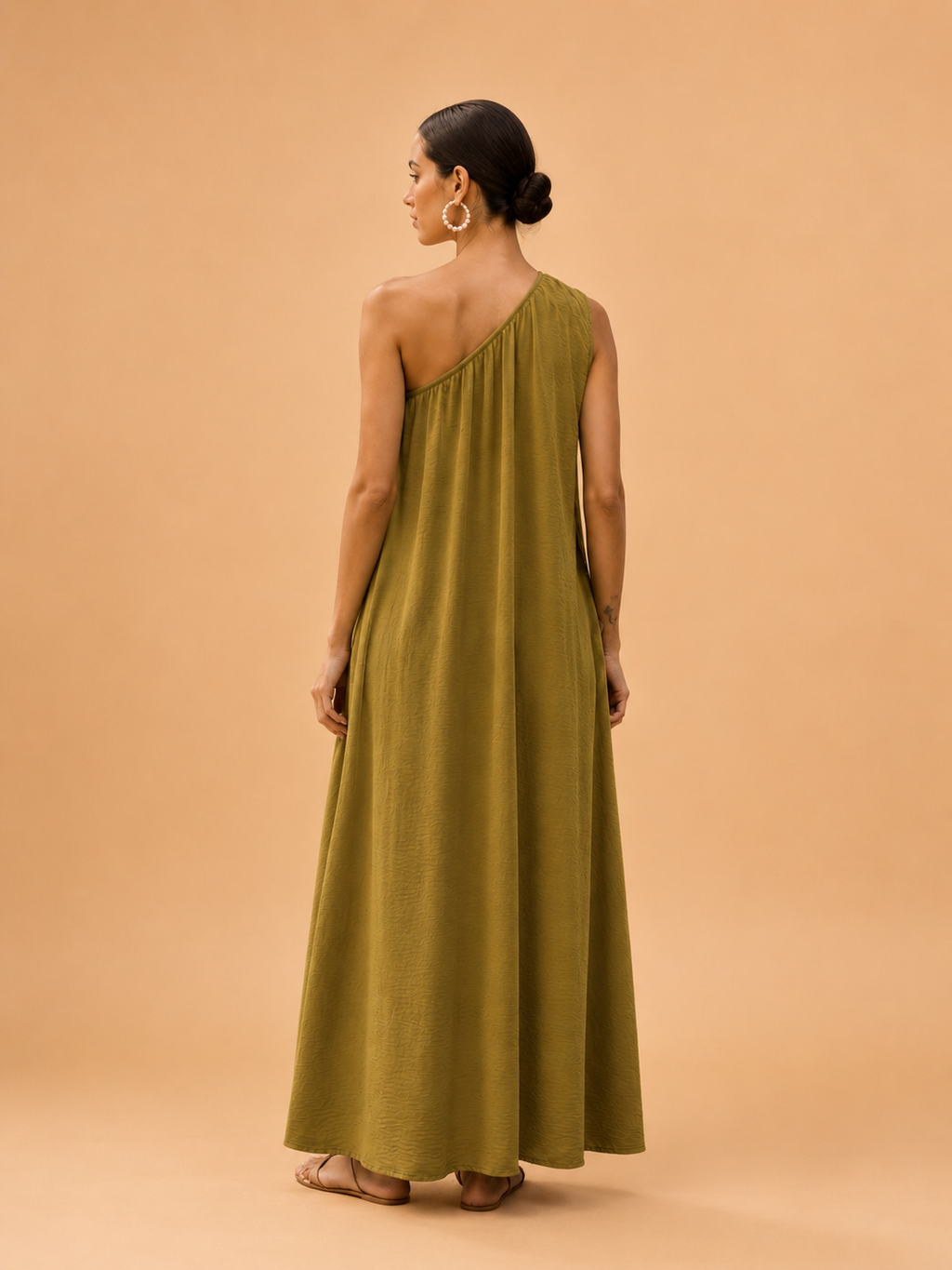Earth tone olive green one shoulder maxi dress