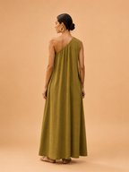 Earth tone olive green one shoulder maxi dress