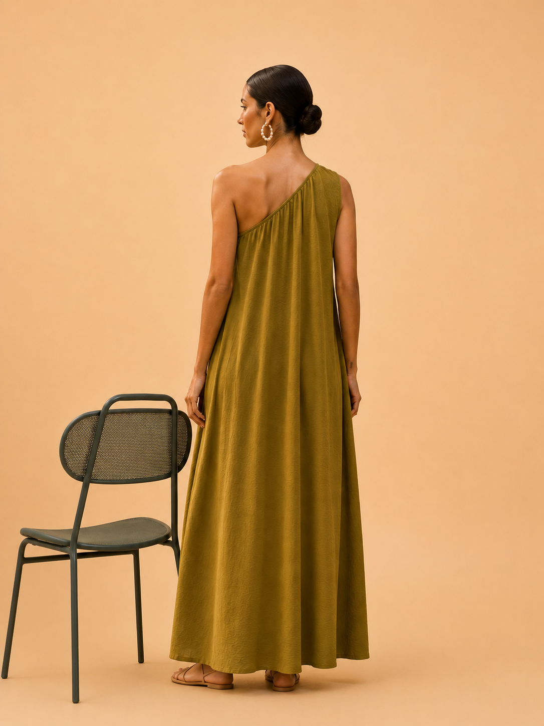 Earth tone olive green one shoulder maxi dress