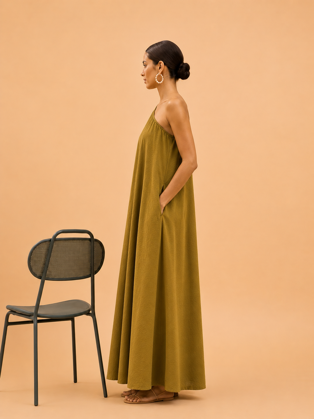 Earth tone olive green one shoulder maxi dress