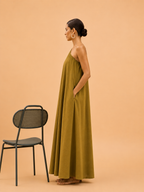 Earth tone olive green one shoulder maxi dress