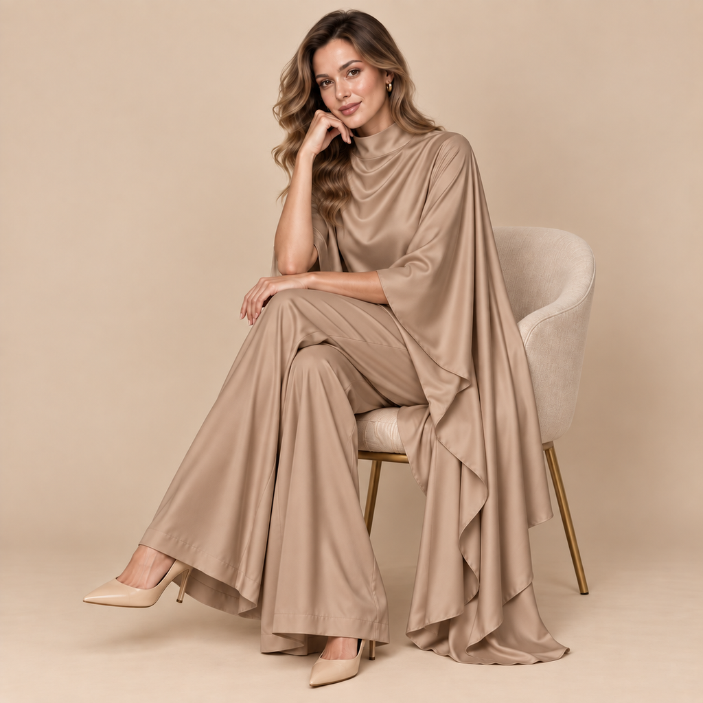 Dark Beige Satin Cape Co-ord Set