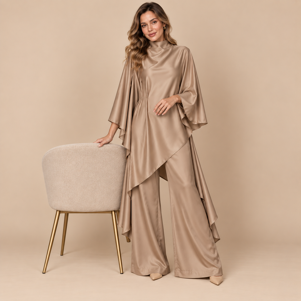Dark Beige Satin Cape Co-ord Set