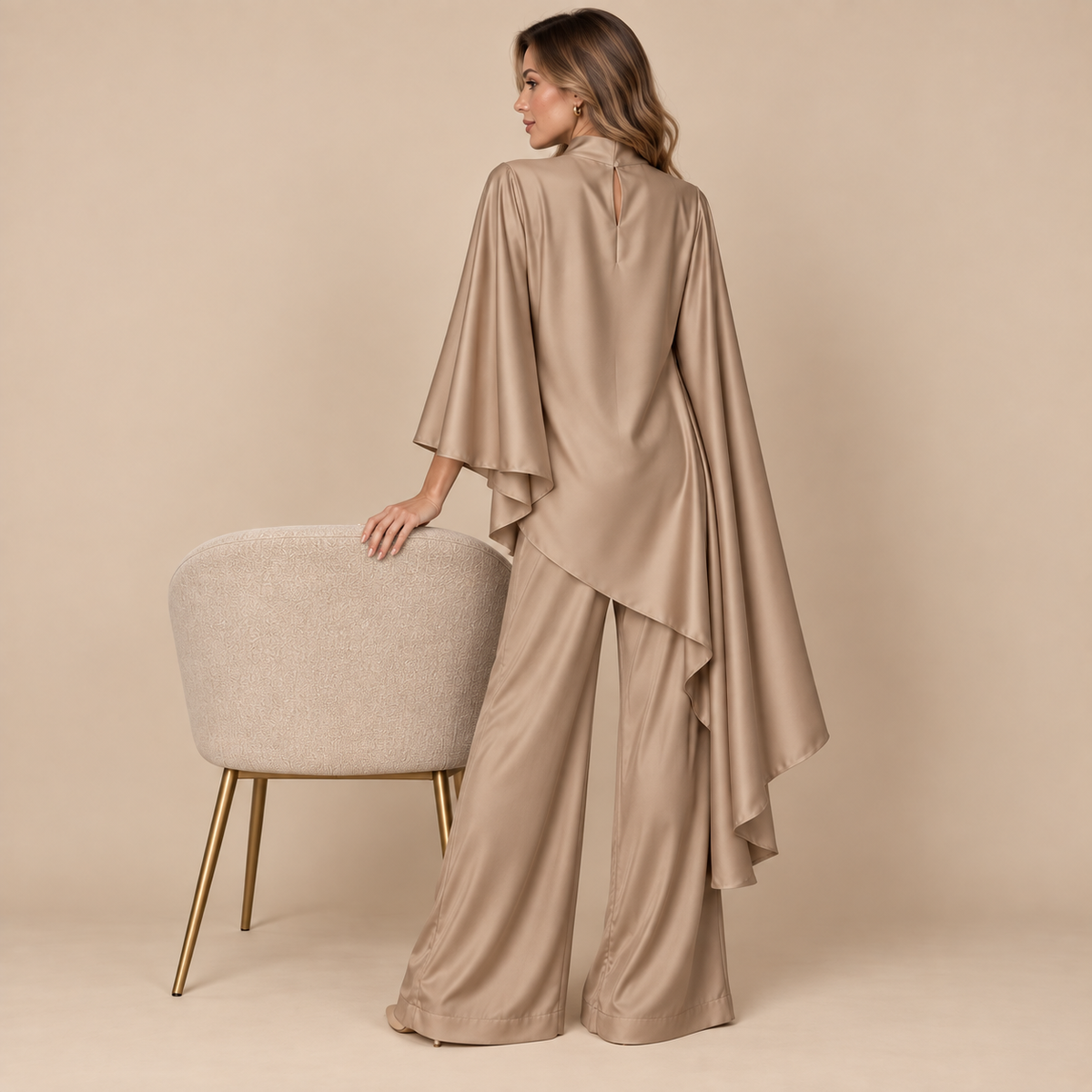 Dark Beige Satin Cape Co-ord Set