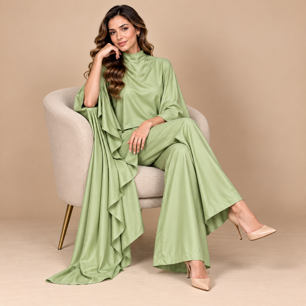 Green Satin Cape Co-ord Set