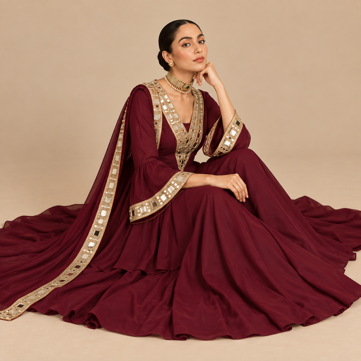 Maroon mirrorwork sharara set