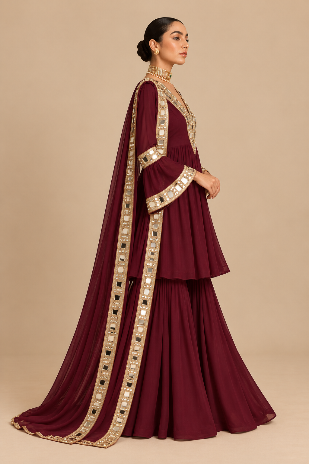 Maroon mirrorwork sharara set