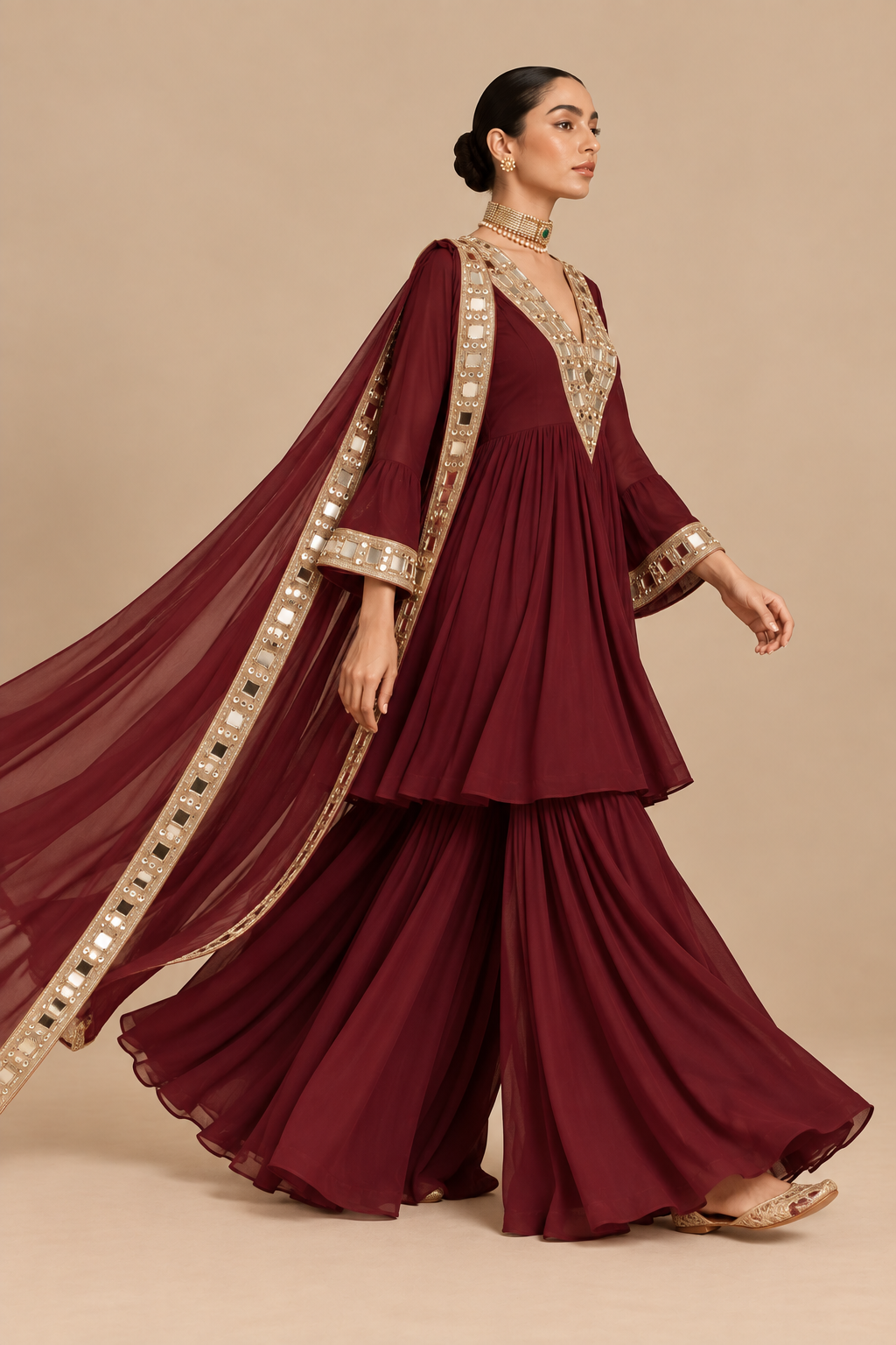 Maroon mirrorwork sharara set