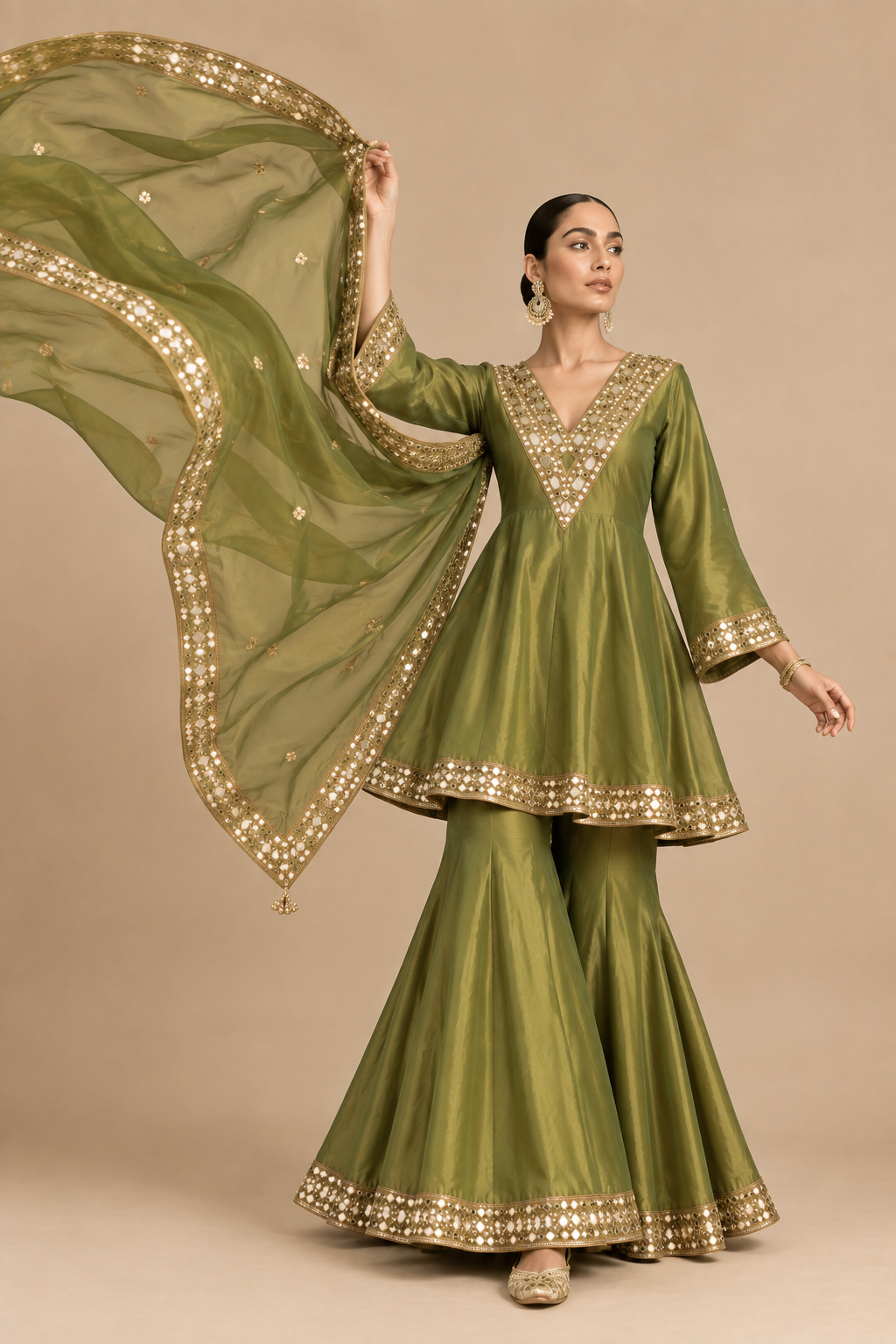 Olive green mirrorwork sharara set