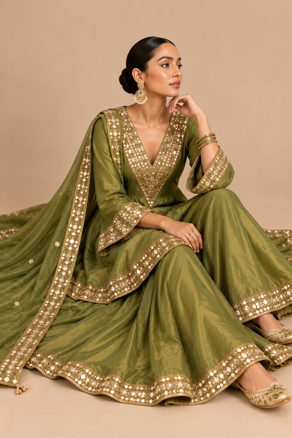 Olive green mirrorwork sharara set