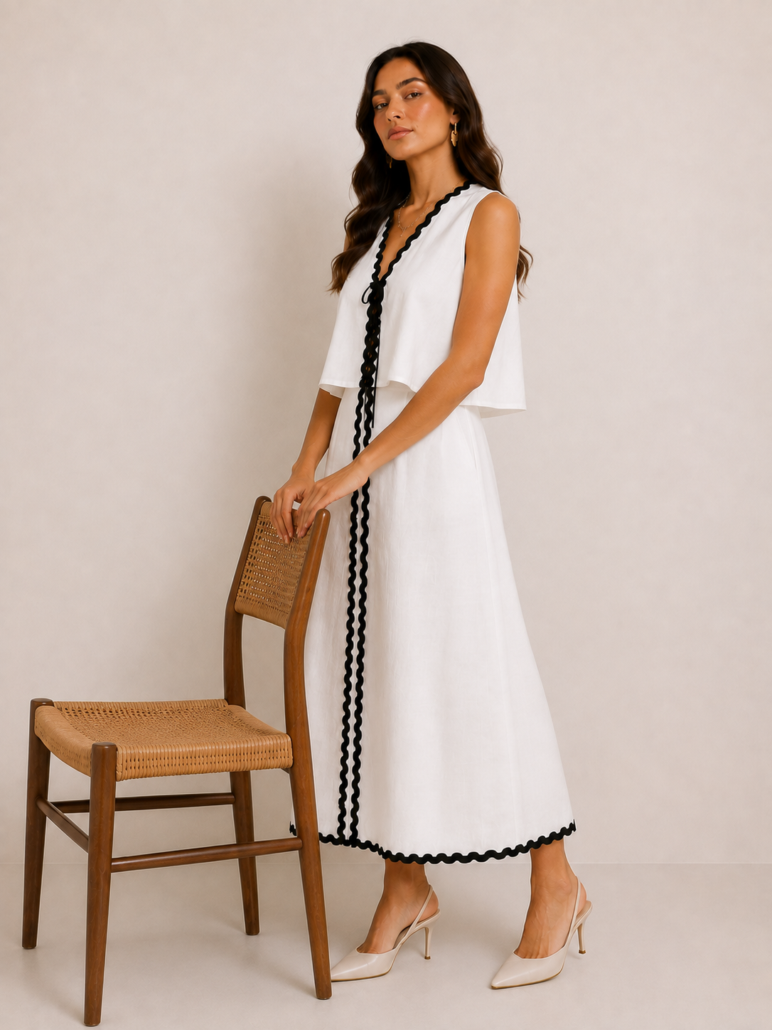 White A- line midi skirt set