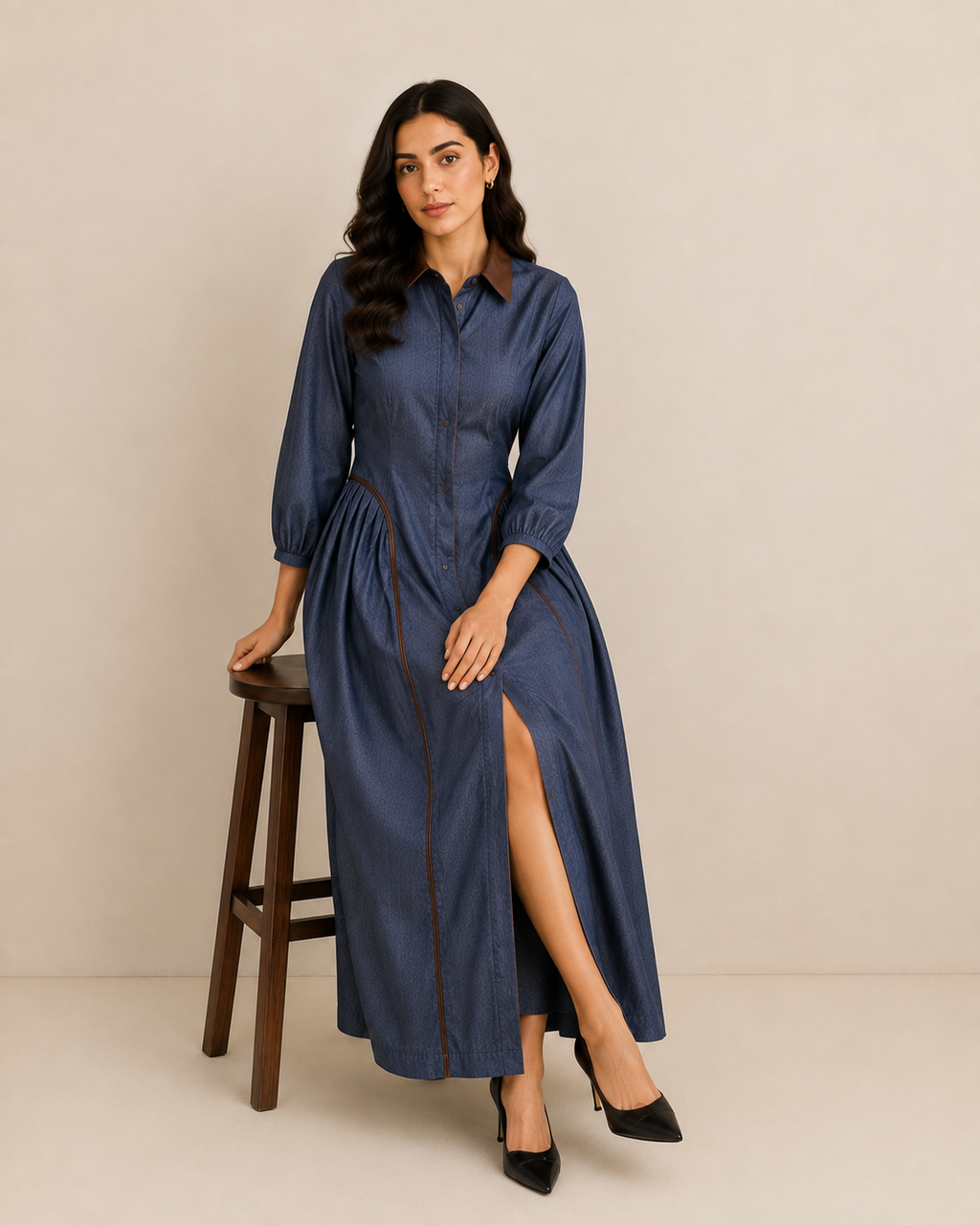 Leather accent denim dress