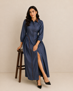 Leather accent denim dress