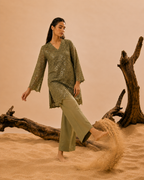 Olive green sequins schiffli coord set