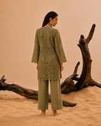 Olive green sequins schiffli coord set