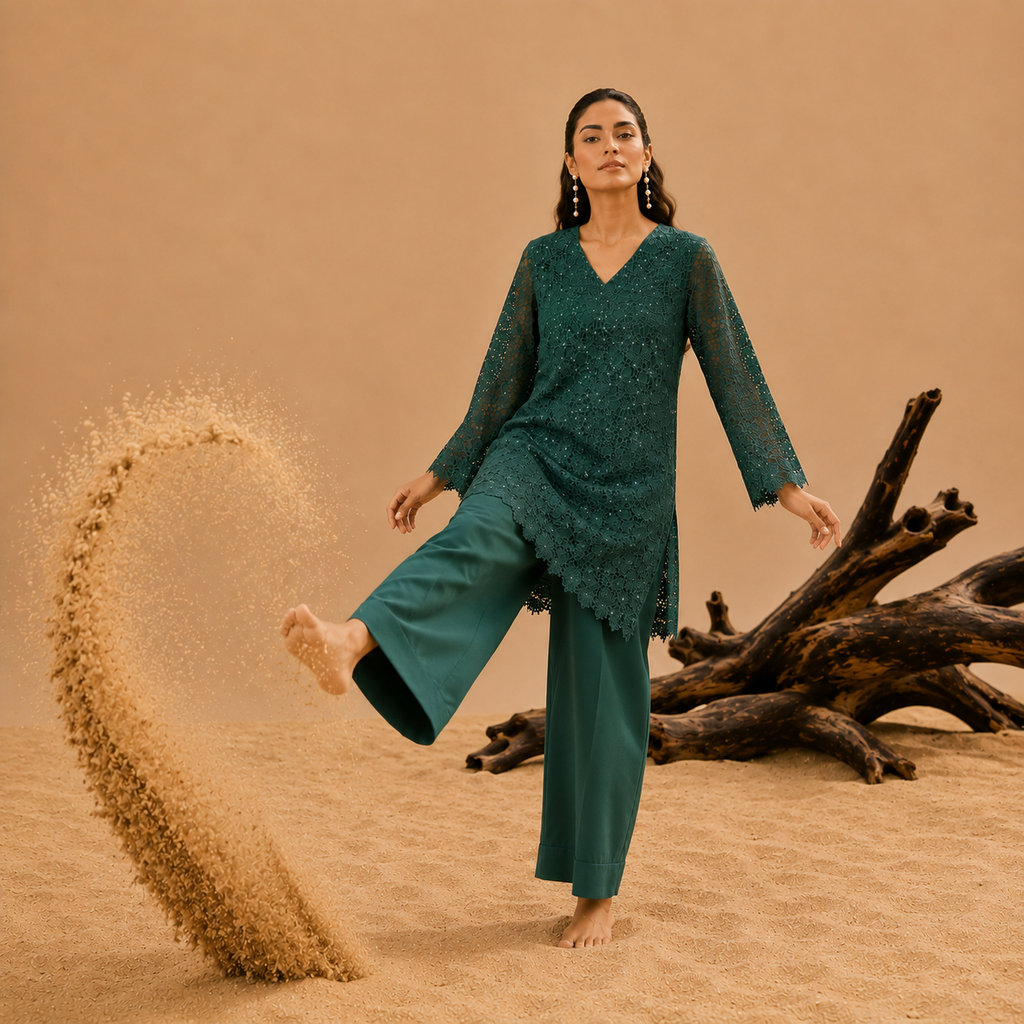 Emerald green sequins schiffli coord set