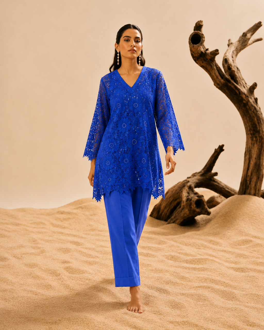 Blue sequins schiffli coord set