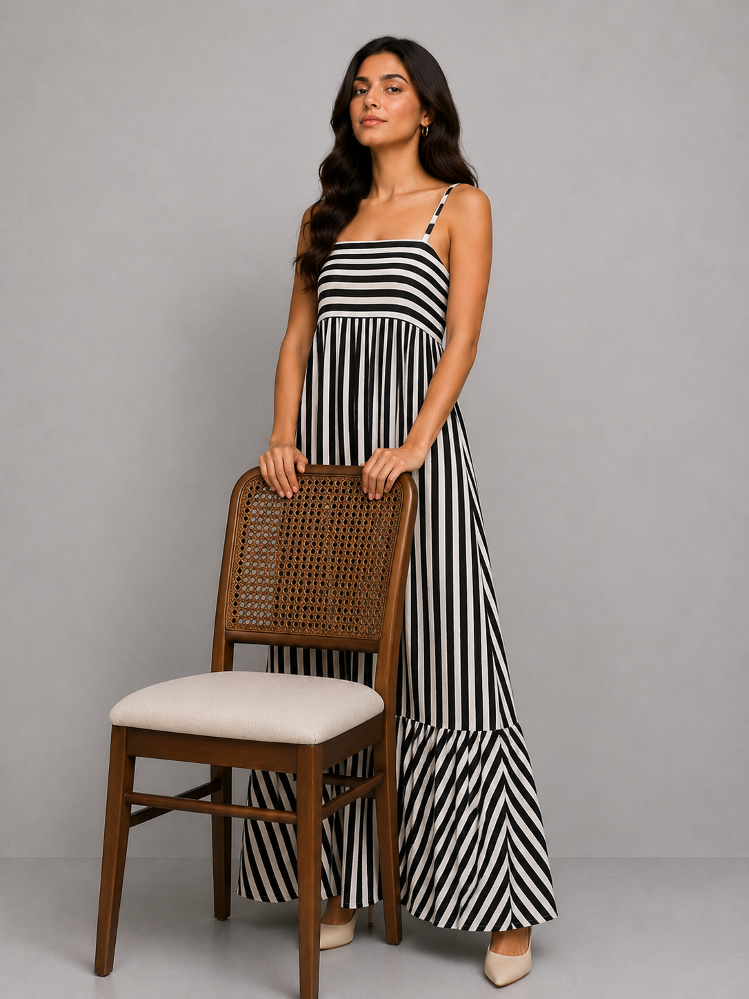 White and black striped maxi dress