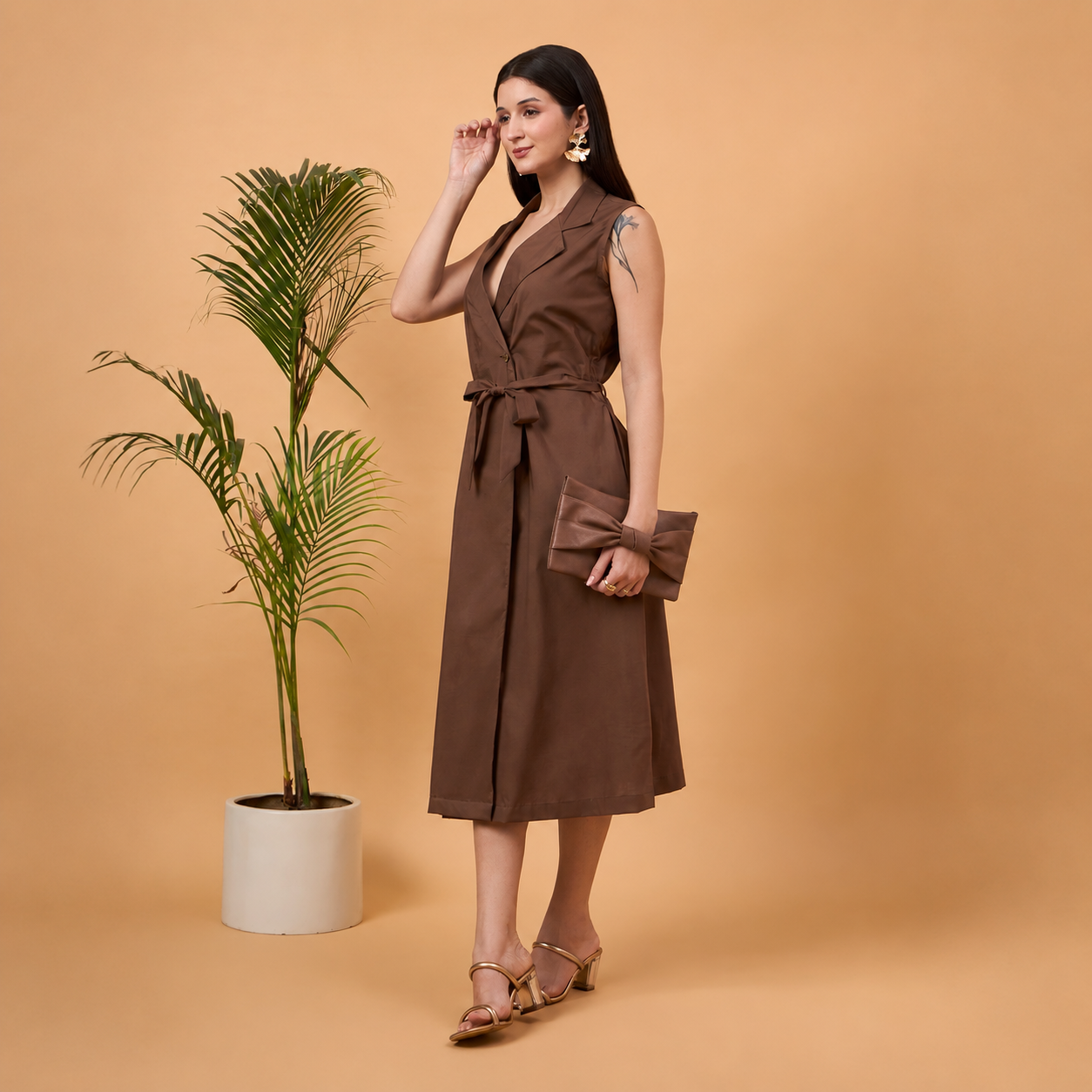 Brown sleeveless blazer dress with bag