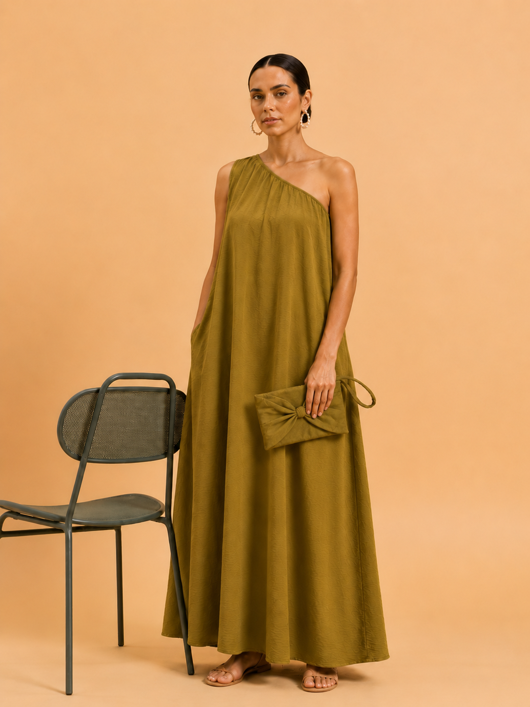 Sage green one shoulder maxi dress with bag