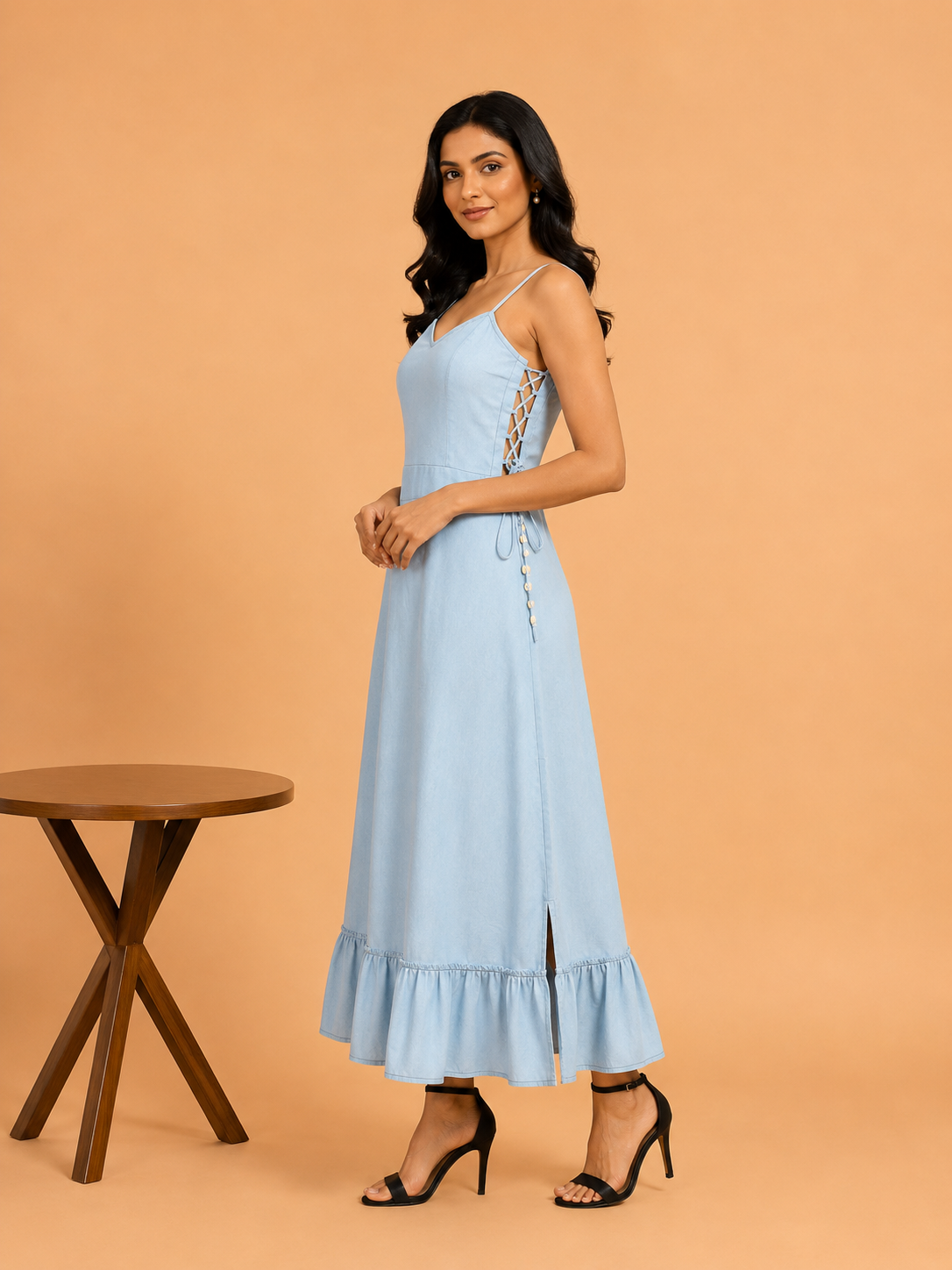 Light blue denim midi dress