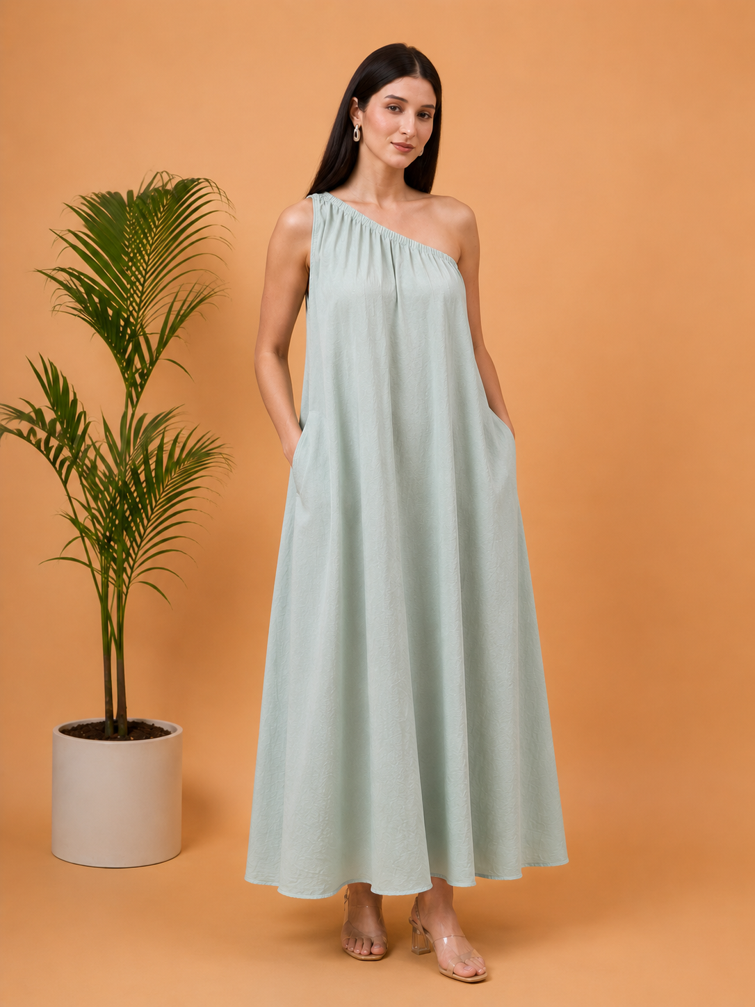 Sage green one shoulder maxi dress with bag