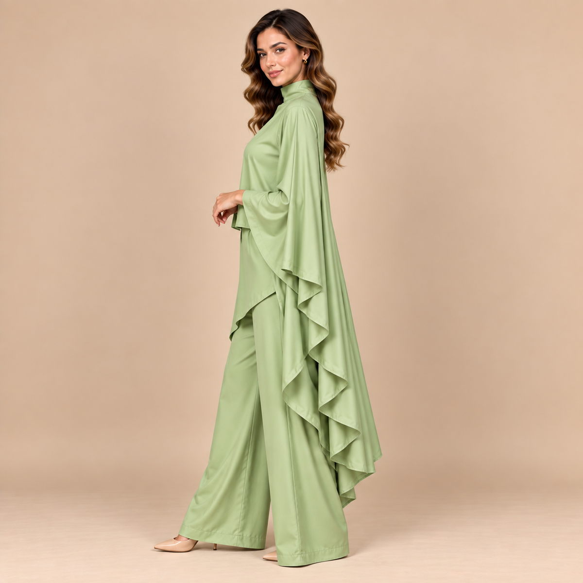 Green Satin Cape Co-ord Set