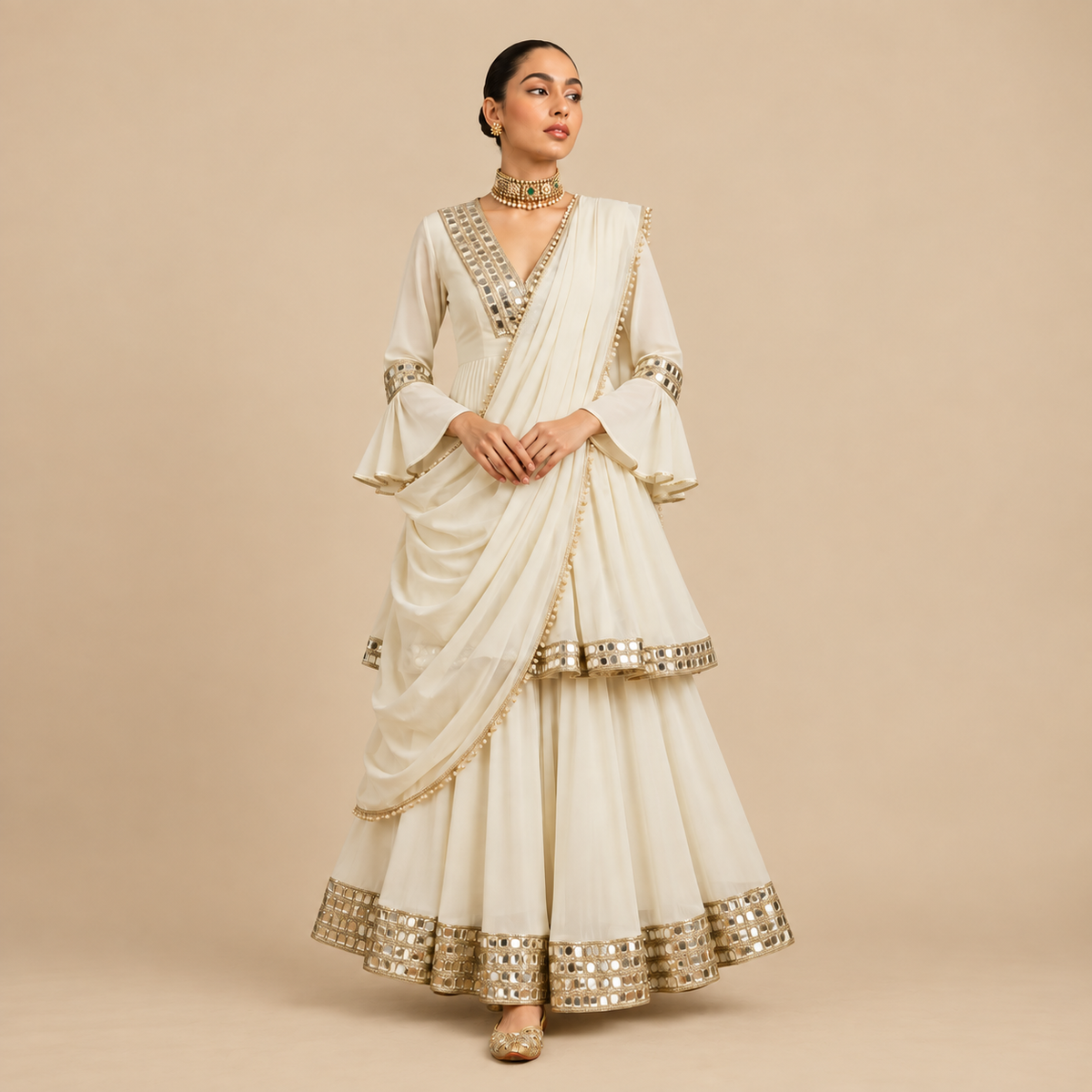 Ivory mirrorwork sharara set