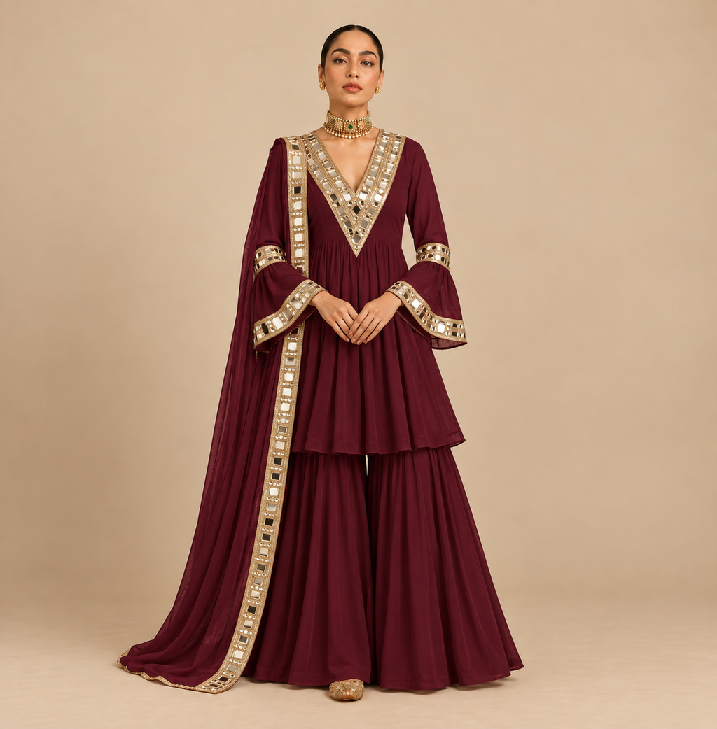 Maroon mirrorwork sharara set