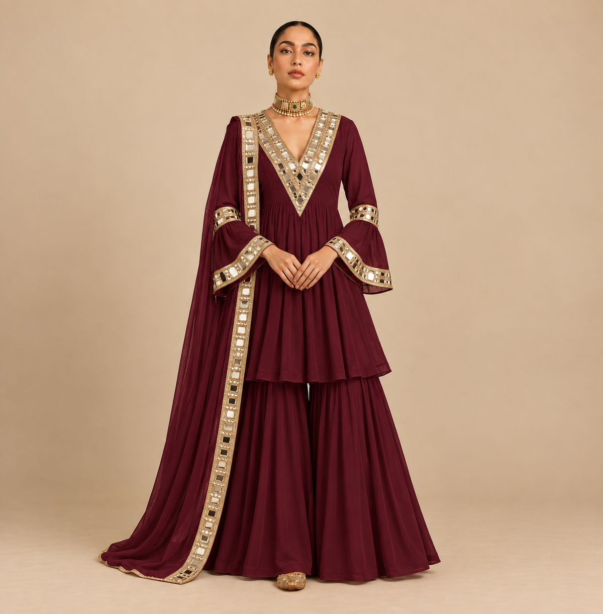 Maroon mirrorwork sharara set