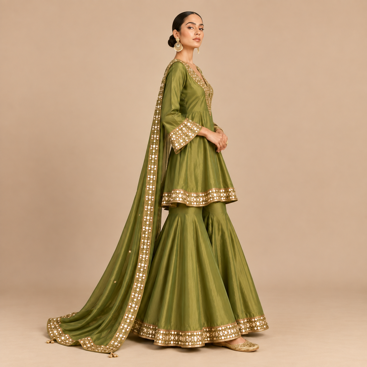 Olive green mirrorwork sharara set