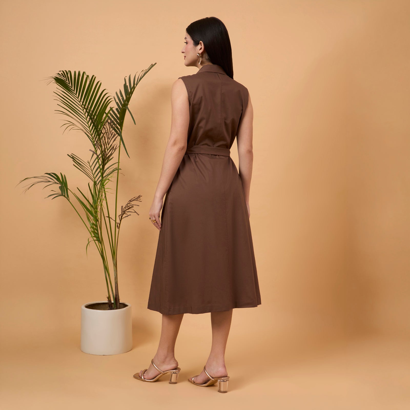 Brown sleeveless blazer dress with bag