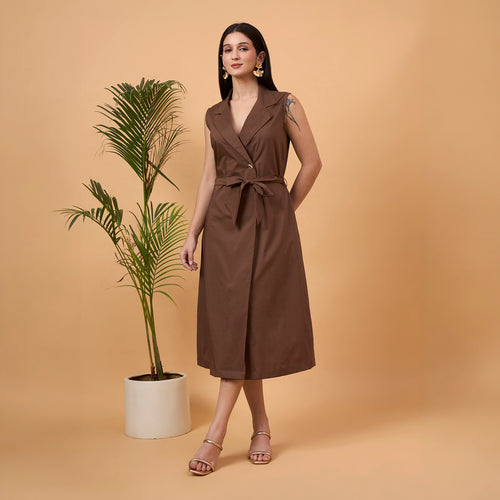 Brown sleeveless blazer dress with bag