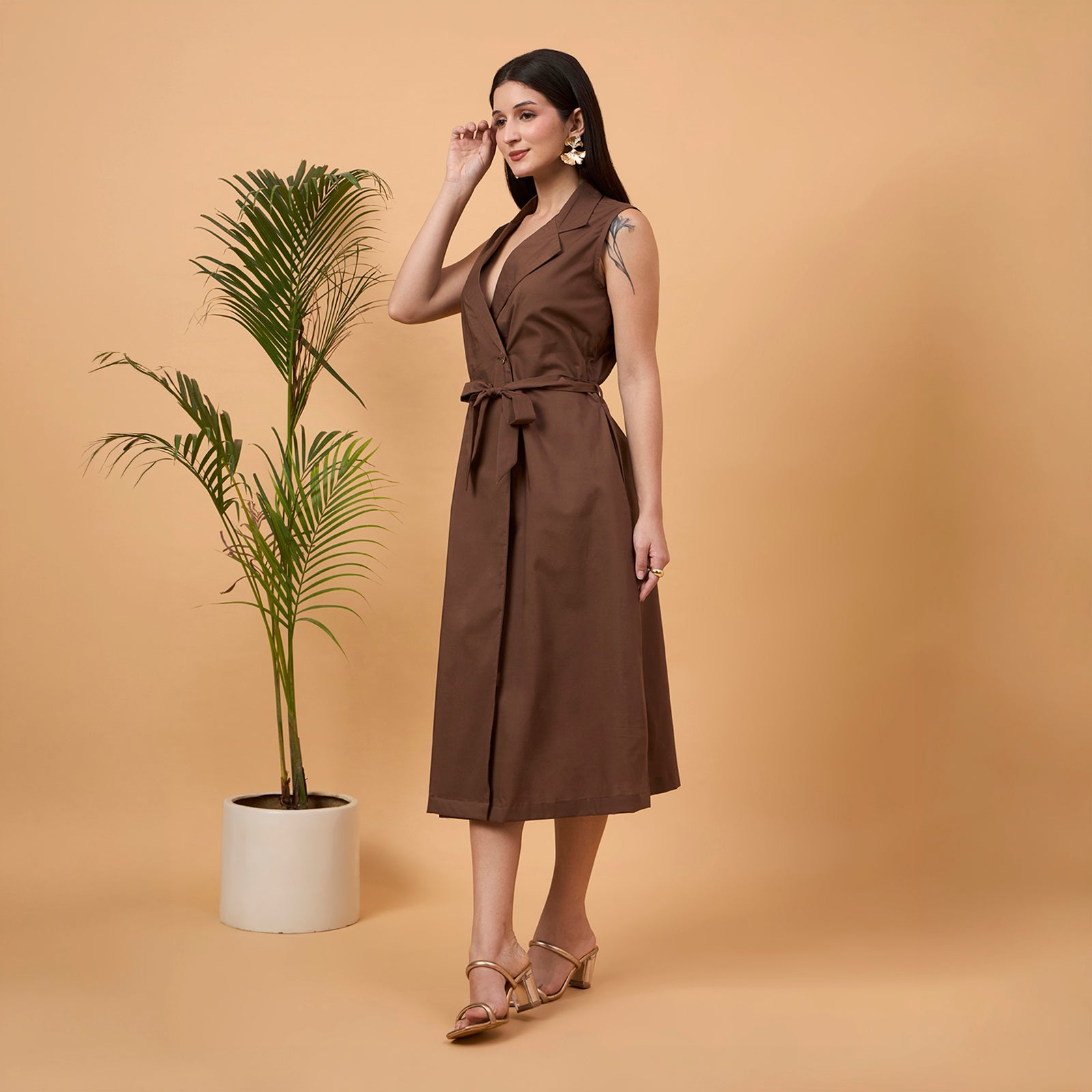 Brown sleeveless blazer dress with bag