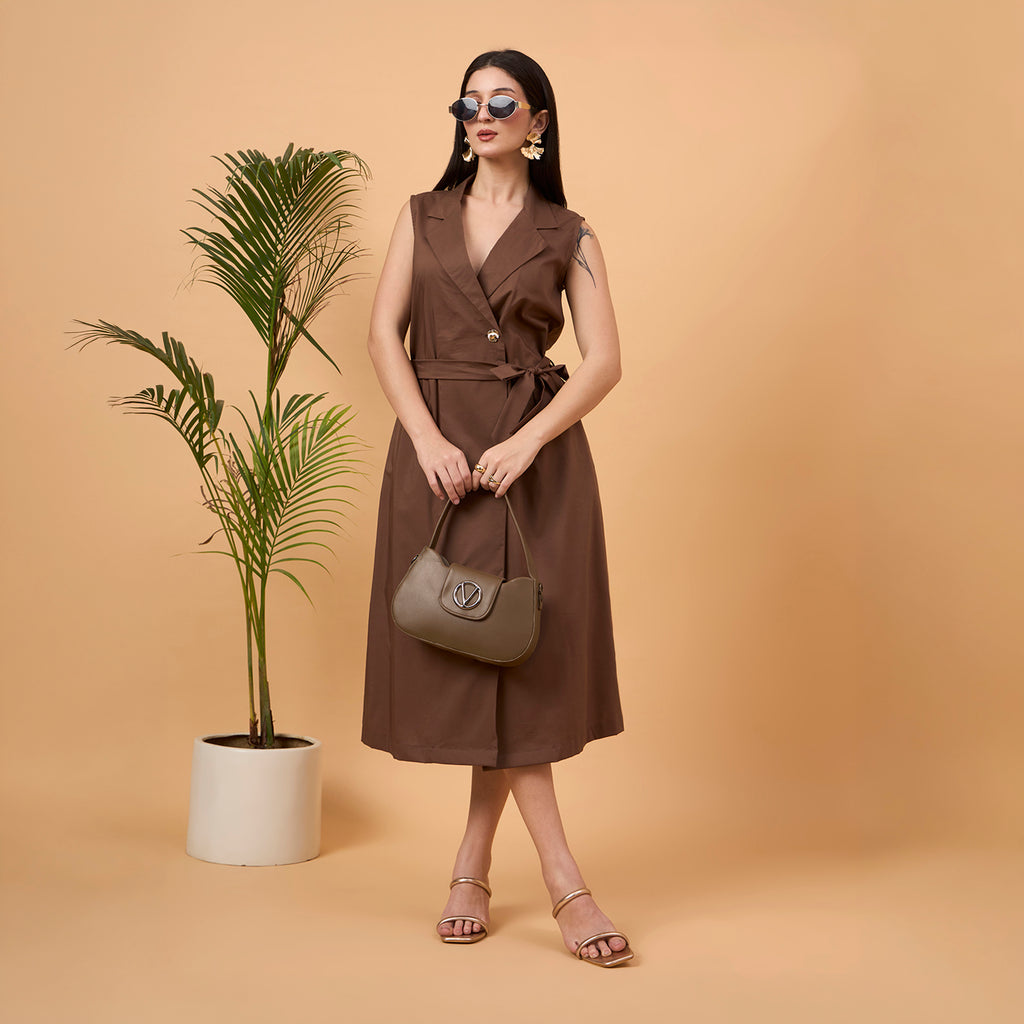 Brown sleeveless blazer dress with bag