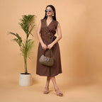 Brown sleeveless blazer dress with bag