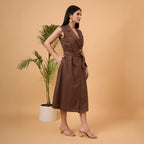 Brown sleeveless blazer dress with bag