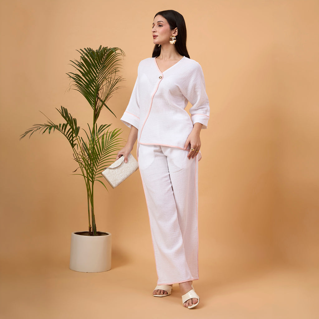 White wrap-style co-ord set