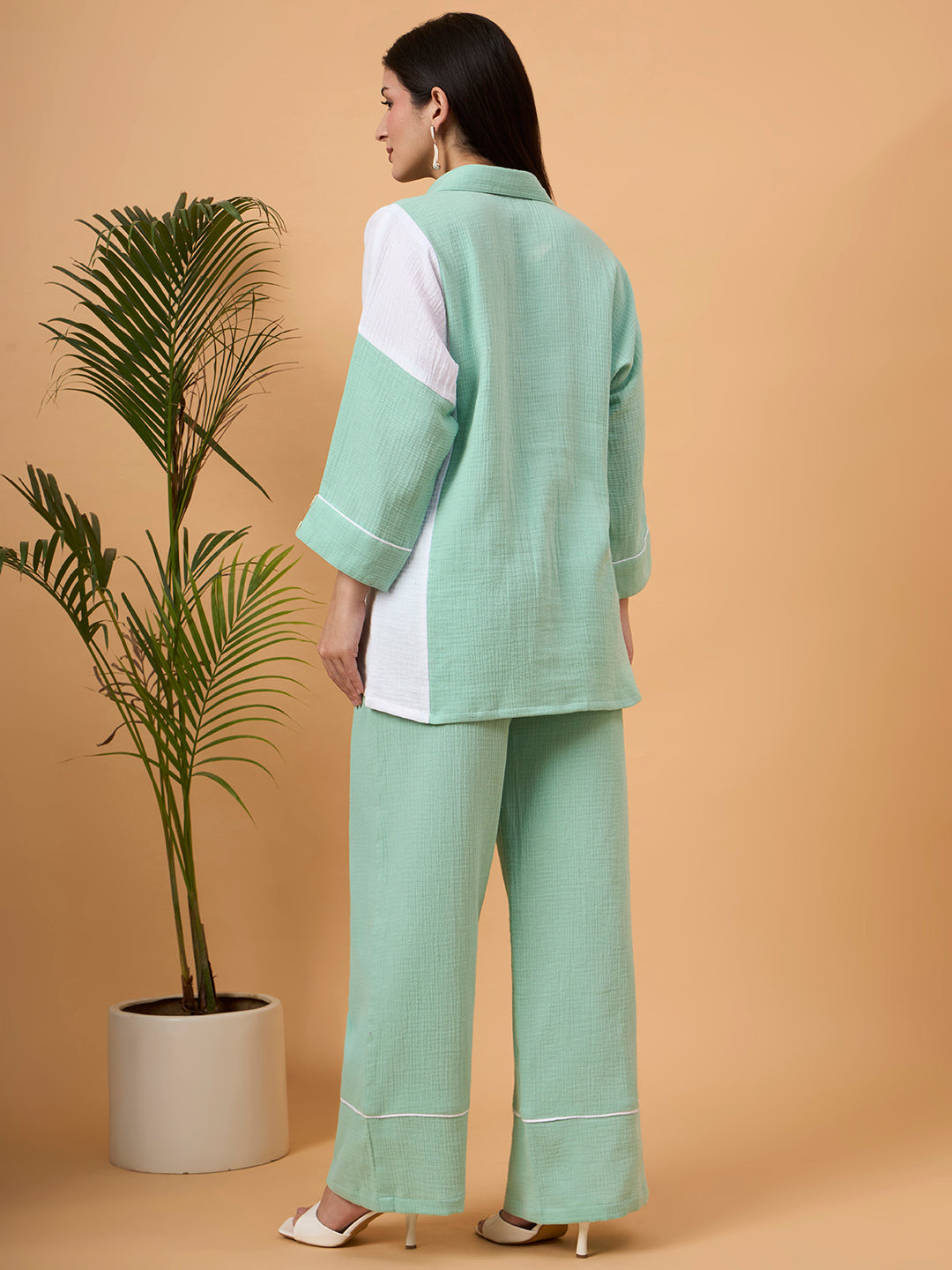 Mint Green and White color-block button-down coord set