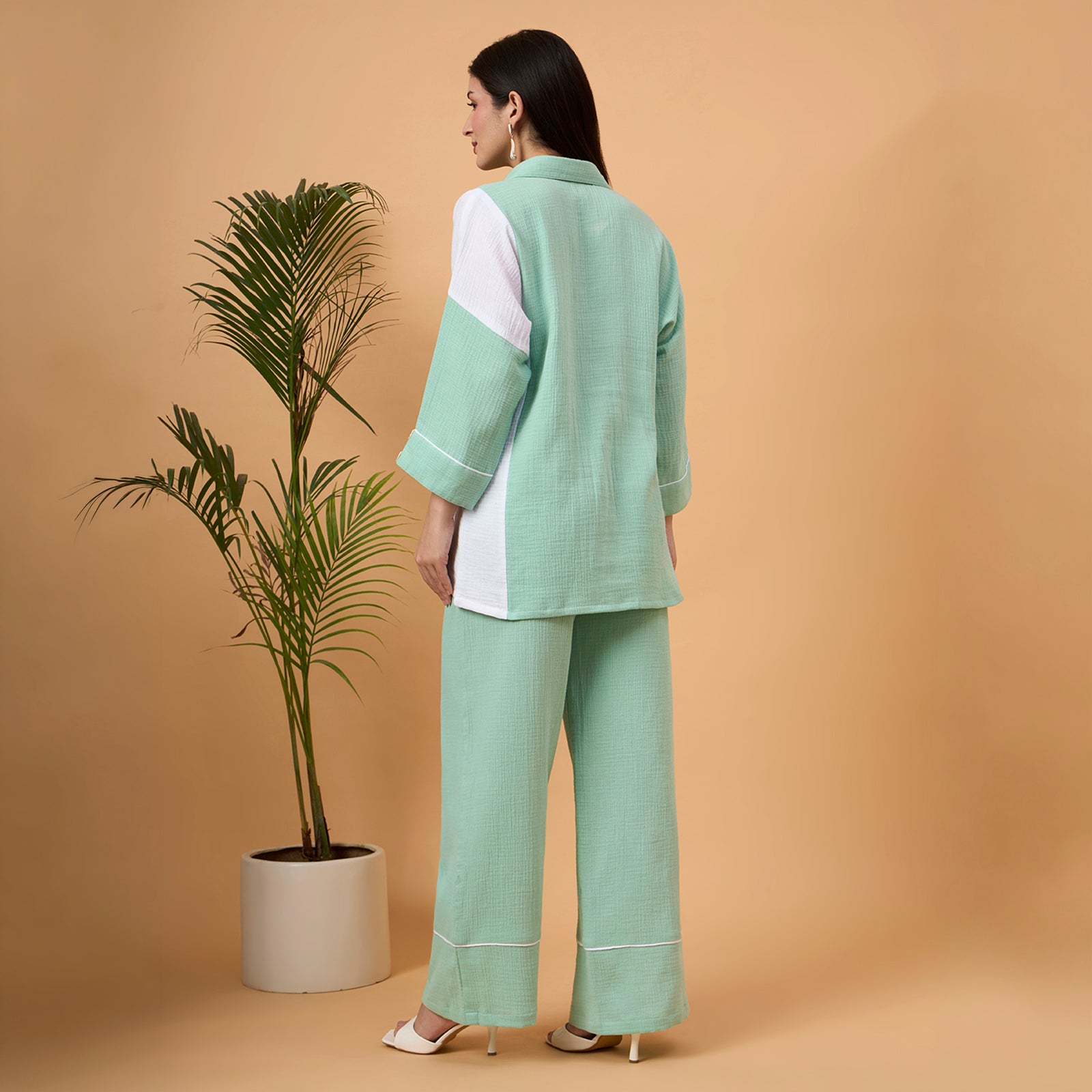 Mint Green and White color-block button-down coord set