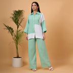 Mint Green and White color-block button-down coord set