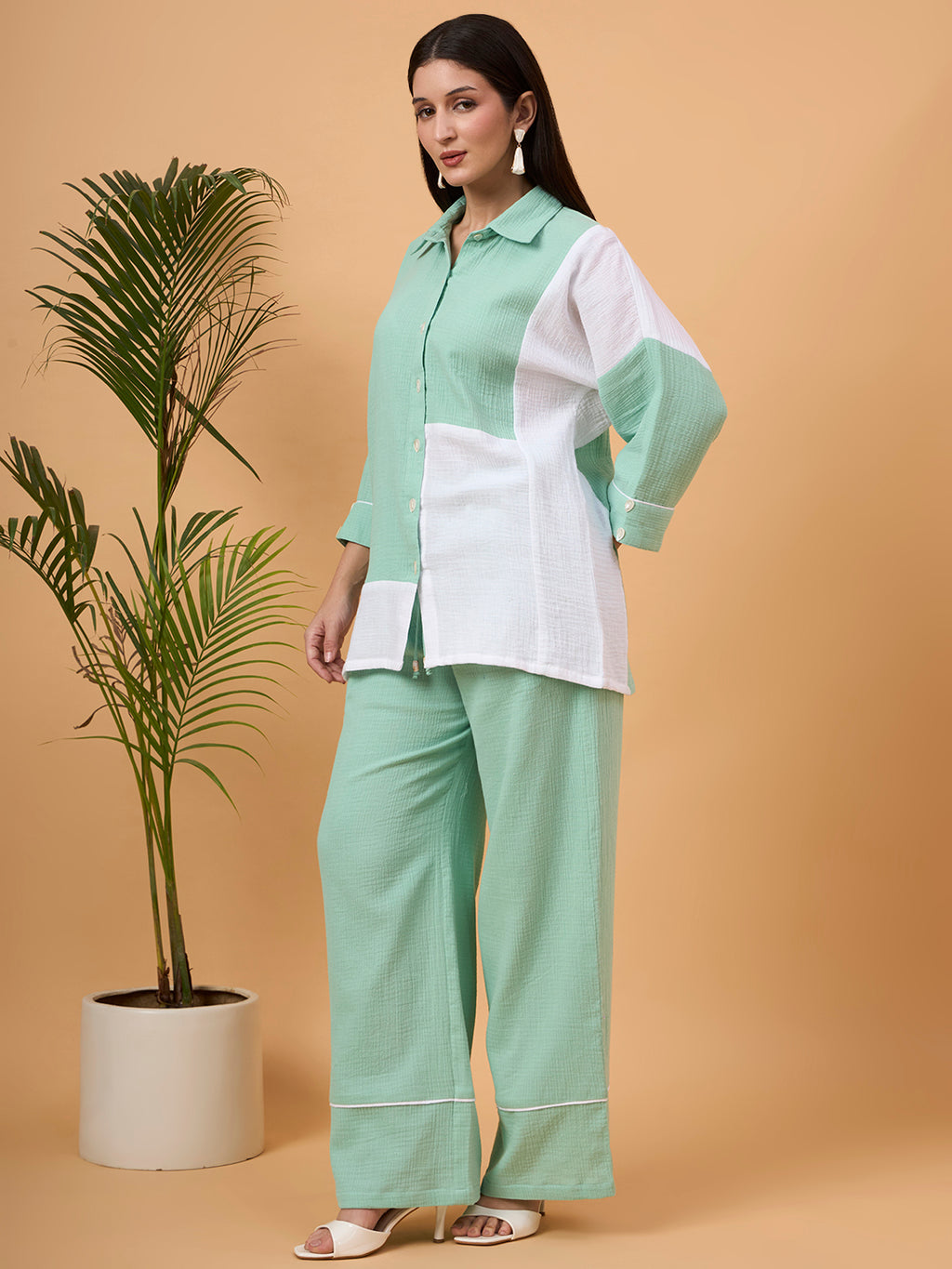 Mint Green and White color-block button-down coord set