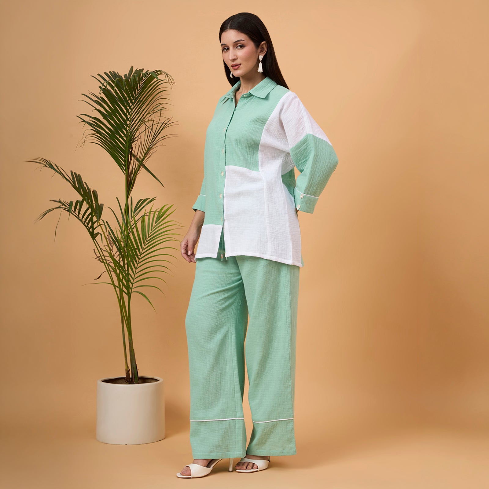 Mint Green and White color-block button-down coord set