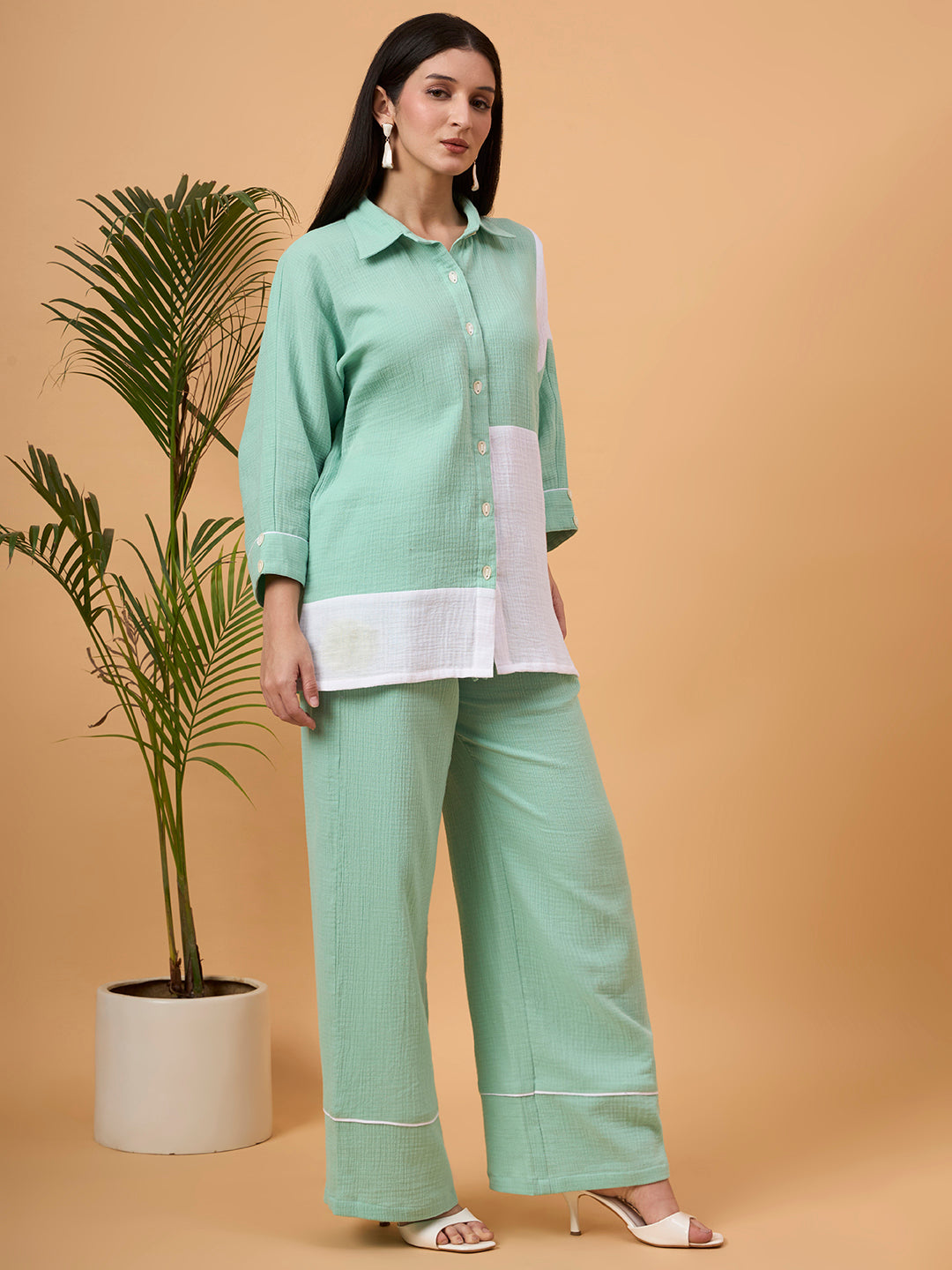 Mint Green and White color-block button-down coord set