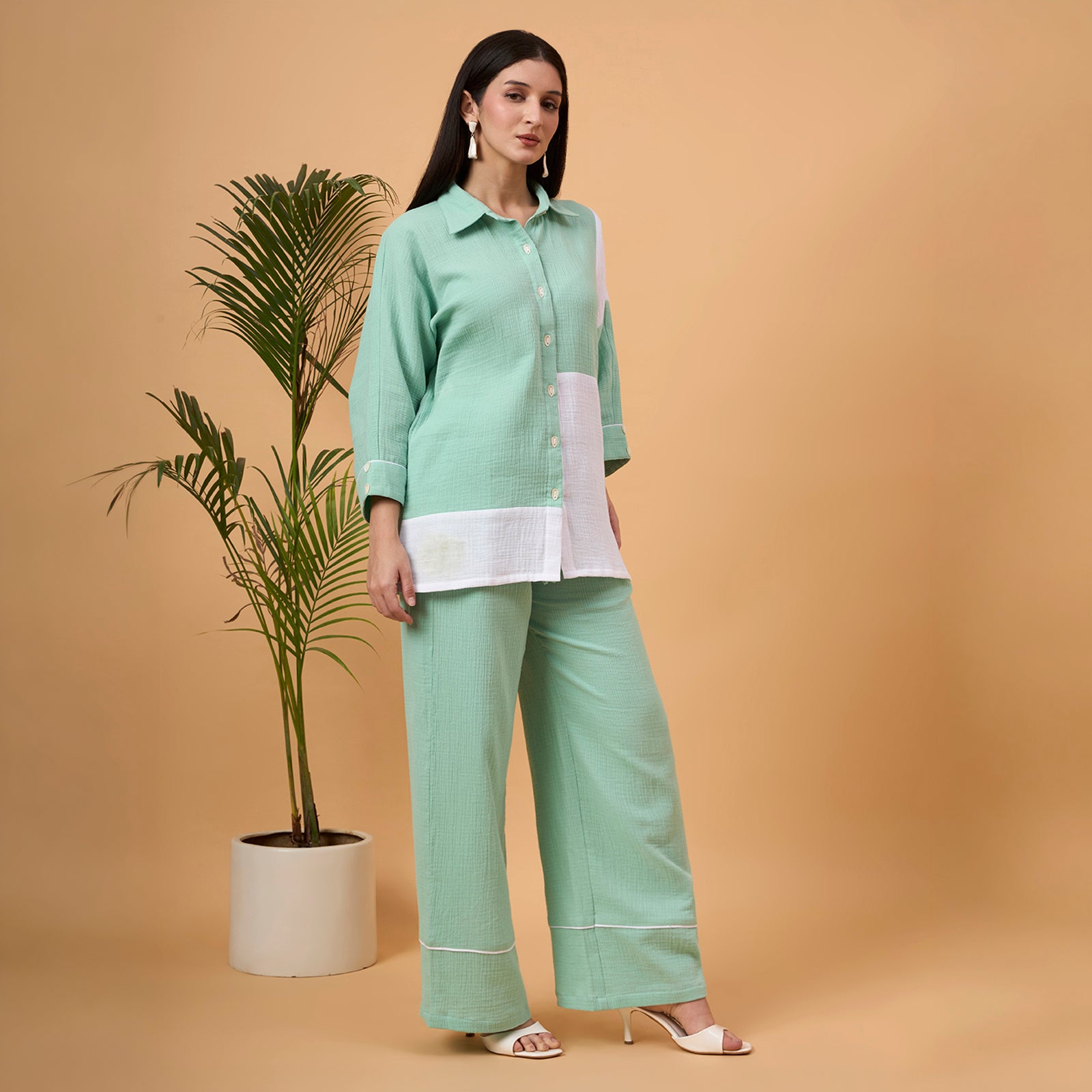 Mint Green and White color-block button-down coord set