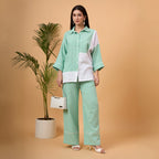 Mint Green and White color-block button-down coord set