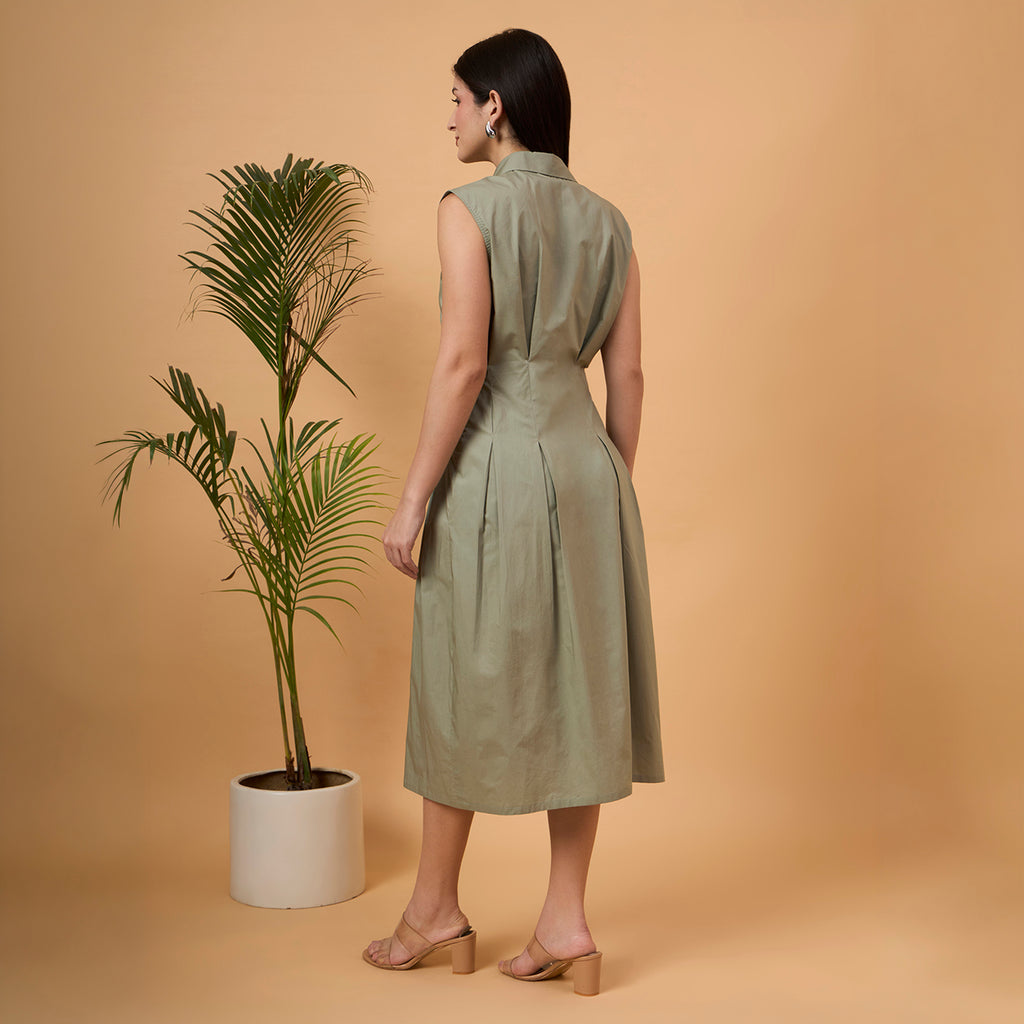 Solid green A line dress with bag