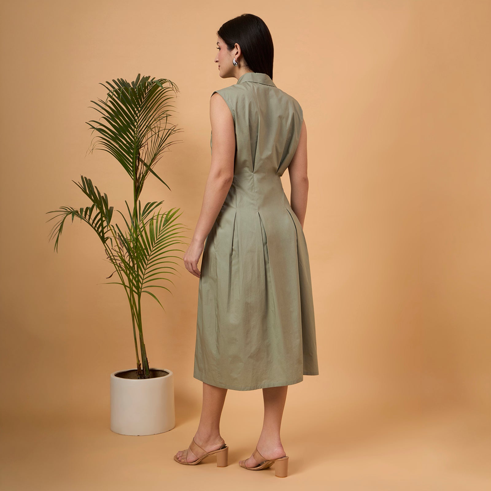 Solid green A line dress with bag