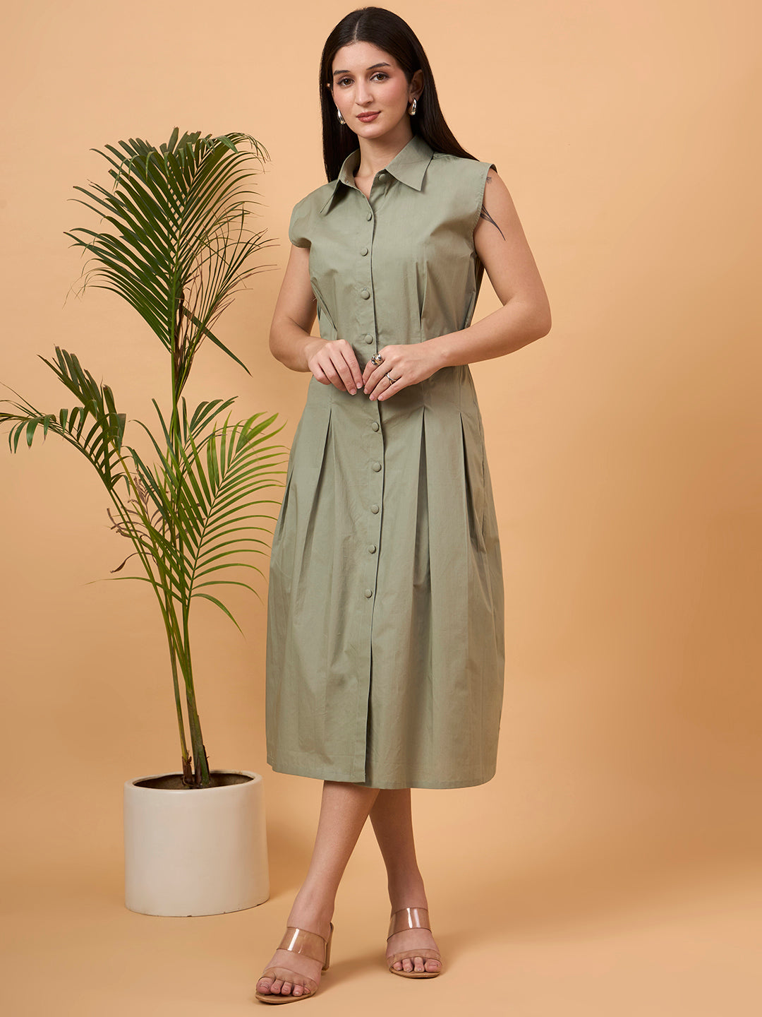 Solid green A line dress